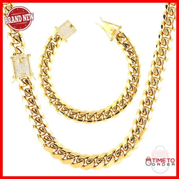 Other - Men's 18K Gold Plated Cuban Link Chain Set 10mm Stainless Steel Necklace